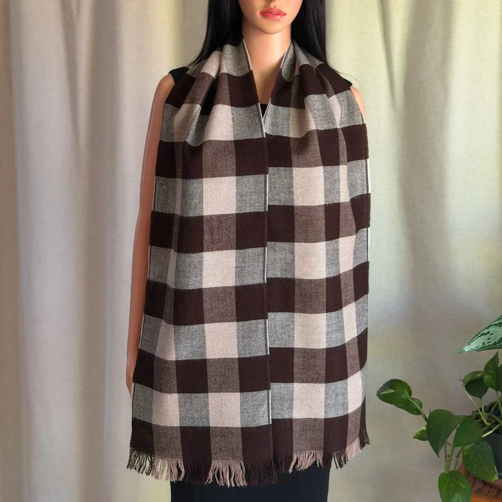 Vtg 70s Brown Buffalo Plaid Checkered Fringed Scarf Woven Tan Cream Cabincore